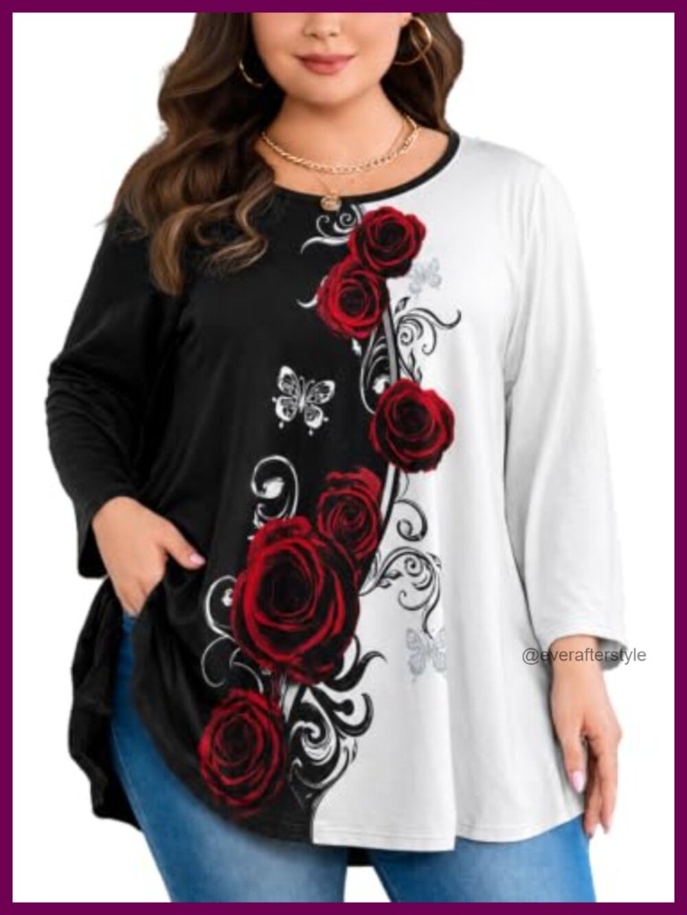 Women's Plus Size Floral Tunic Top 3/4 Sleeve Swing Flare Loose Fit